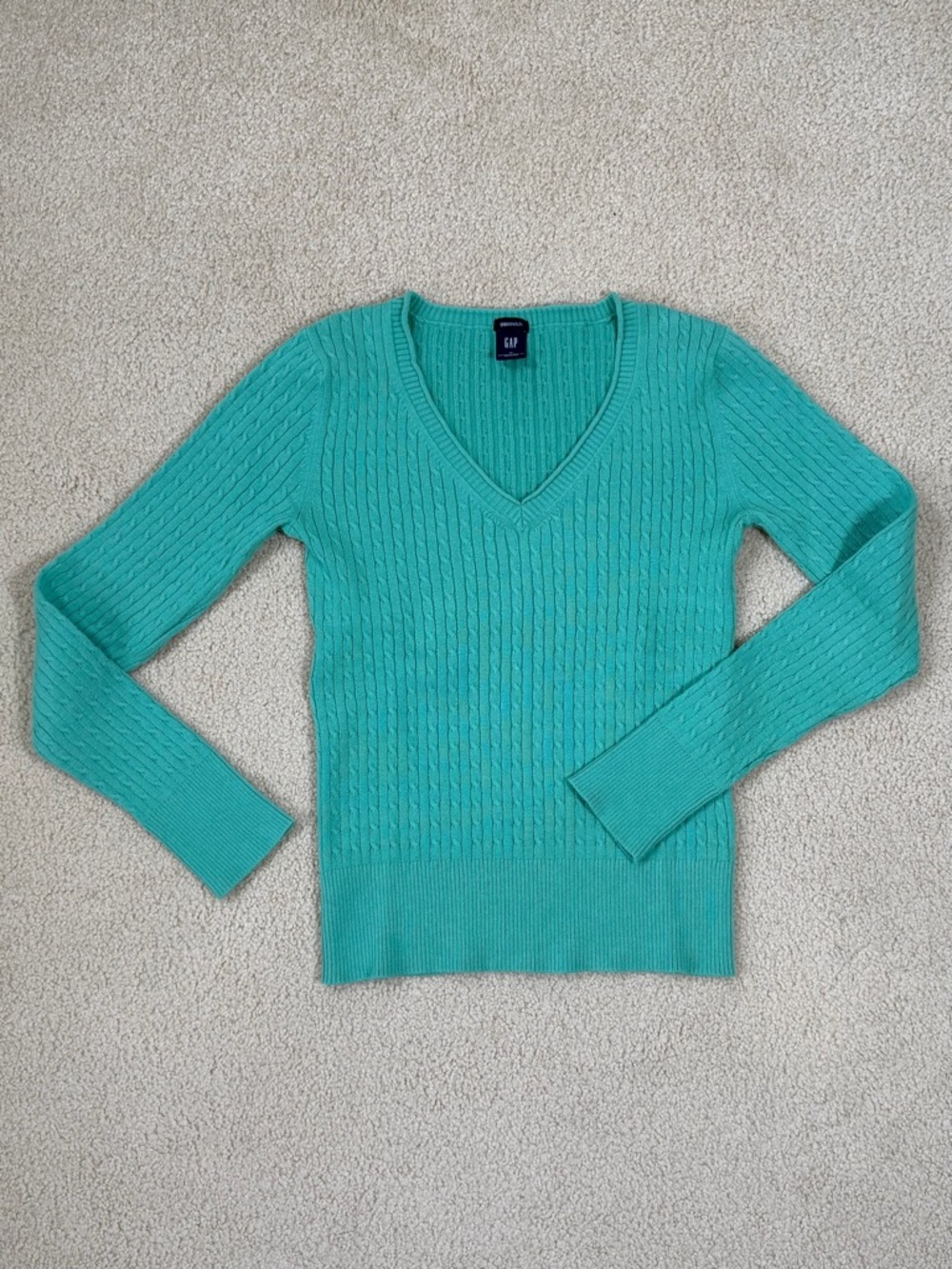 GAP Women's Teal Cable V-Neck Sweater